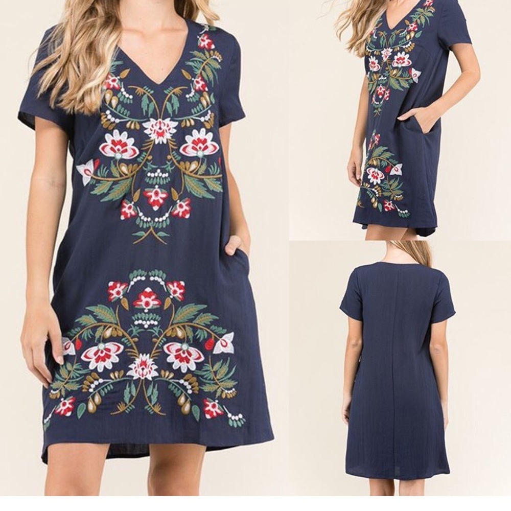 Navy embroidered floral dress- size large